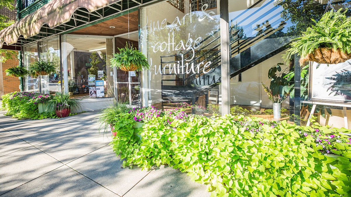 Storefront with vibrant greenery and flowers outside a fine art and furniture shop in downtown Michigan City.